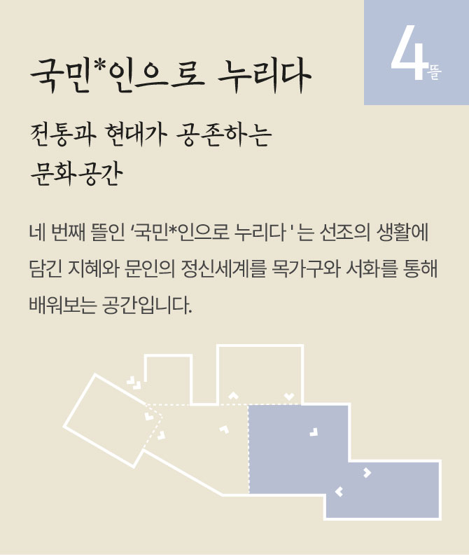 국민*인으로 누리다, 전통과 현대가 공존하는 문화공간, 네 번째 뜰인 ‘국민*인으로 누리다'는 선조의 생활에 담긴 지혜와 문인의 정신세계를 목가구와 서화를 통해 배워보는 공간입니다.